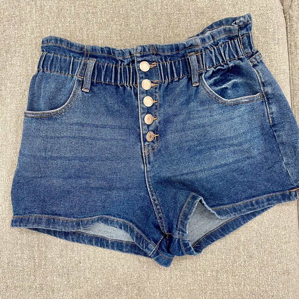 Cinched Waist and Button Fly High Waisted Denim Shorts